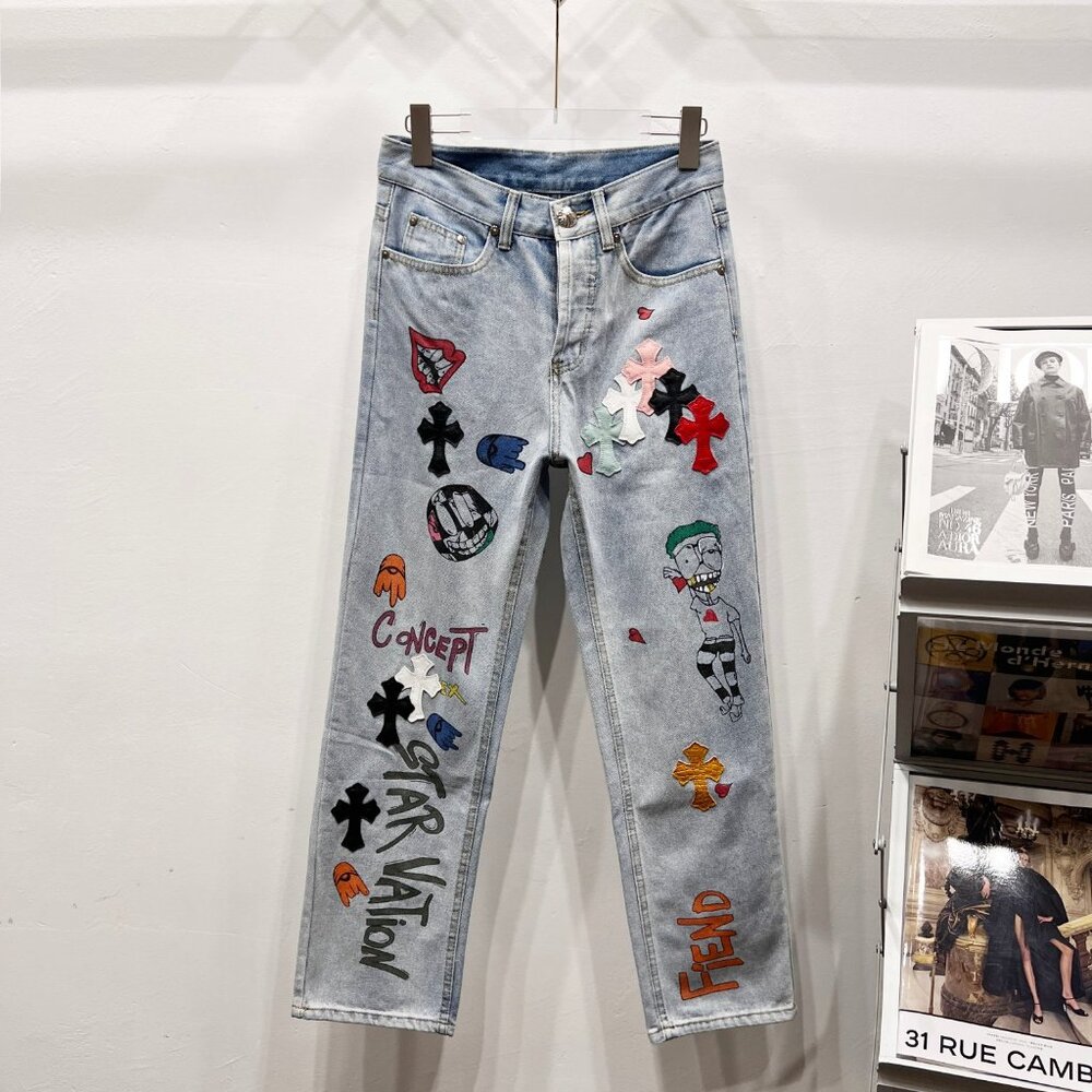 New Chrome Hearts Joker Limited Edition Graffiti Crocodile Skin Unisex Jeans